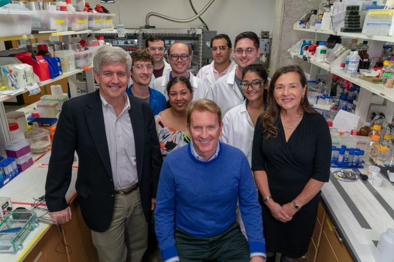 Frank Billingsley visits the Halas lab before his treatment.
